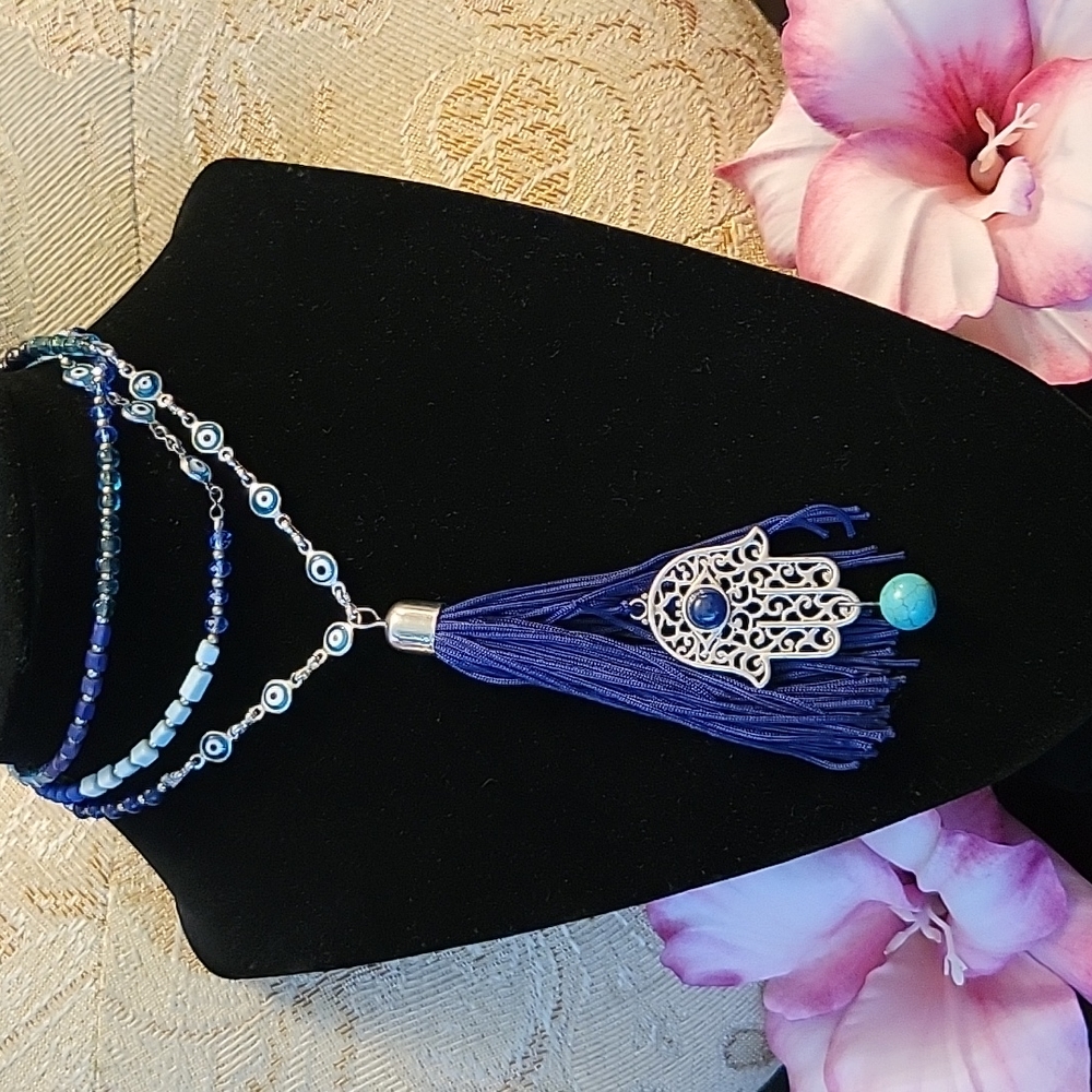 Express Necklace with evil eye protection stones and Tassel Pendant with Hamsa A